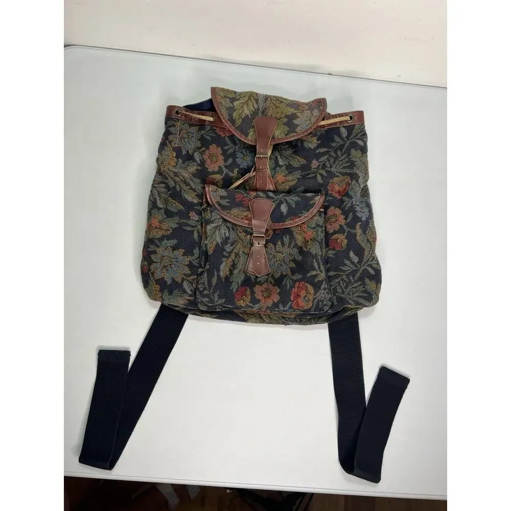 Vintage GAP Floral Tapestry Drawstring Backpack Y2K Boho Cottage Leather Trim